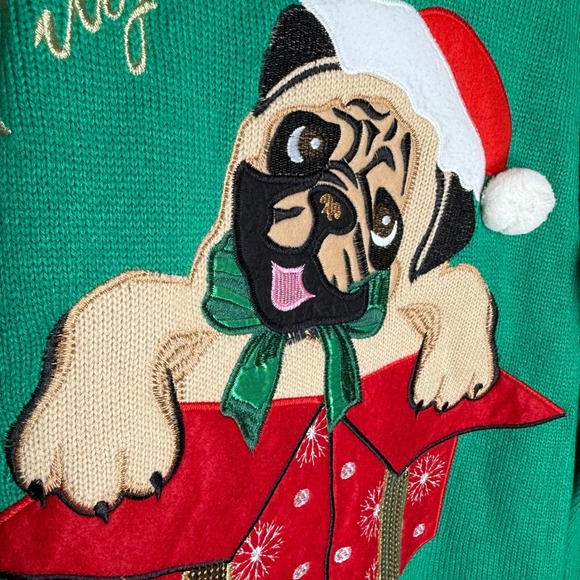 Merry Pugmas Christmas‎ Sweater Pug Dog Lover Gift Present Pompom Plus Size 2X - Picture 4 of 6